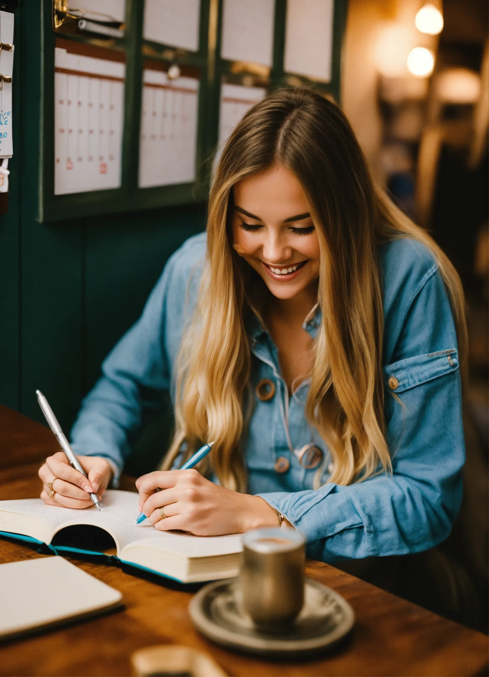 Person writing in a journal with a cup of coffee nearby